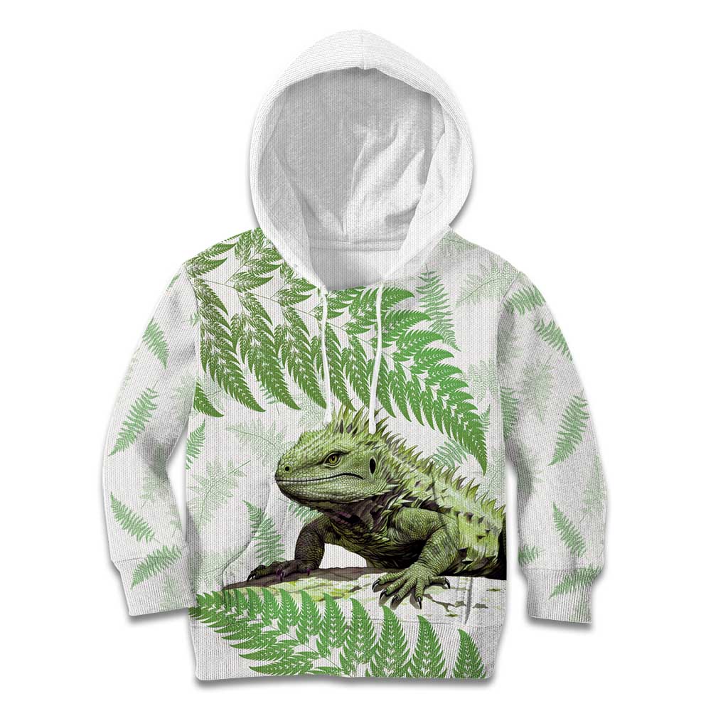 Green New Zealand Tuatara Kid Hoodie Aotearoa Sphenodon Punctatus Silver Fern