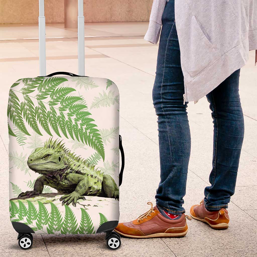 Green New Zealand Tuatara Luggage Cover Aotearoa Sphenodon Punctatus Silver Fern