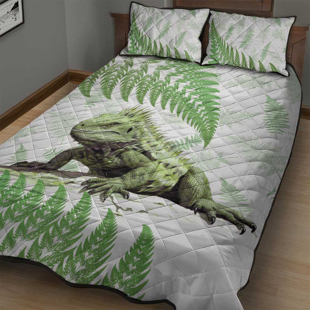 Green New Zealand Tuatara Quilt Bed Set Aotearoa Sphenodon Punctatus Silver Fern LT14 - Polynesian Pride