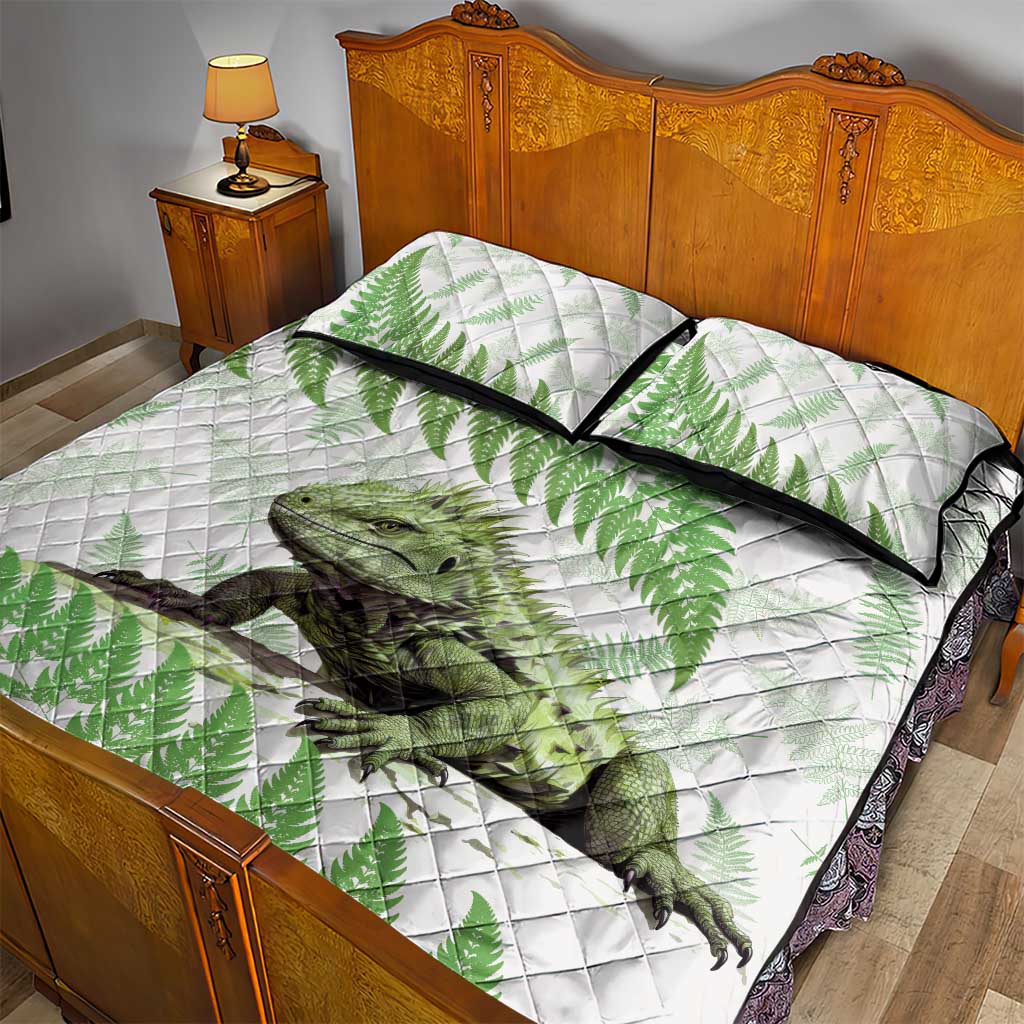 Green New Zealand Tuatara Quilt Bed Set Aotearoa Sphenodon Punctatus Silver Fern LT14 - Polynesian Pride