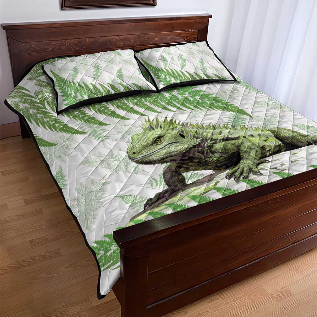 Green New Zealand Tuatara Quilt Bed Set Aotearoa Sphenodon Punctatus Silver Fern LT14 - Polynesian Pride