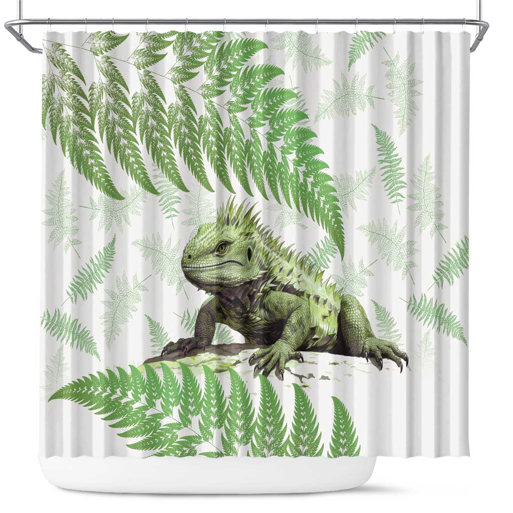 Green New Zealand Tuatara Shower Curtain Aotearoa Sphenodon Punctatus Silver Fern