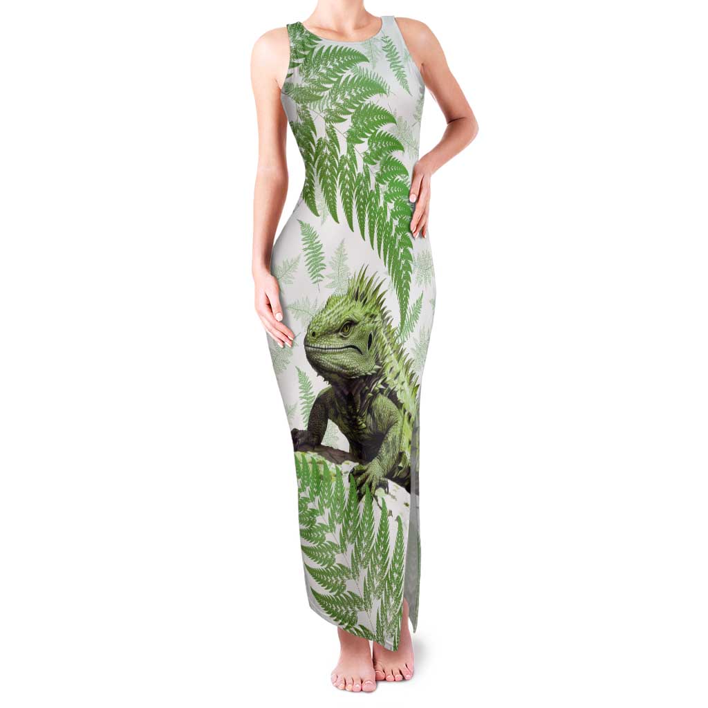 Green New Zealand Tuatara Tank Maxi Dress Aotearoa Sphenodon Punctatus Silver Fern