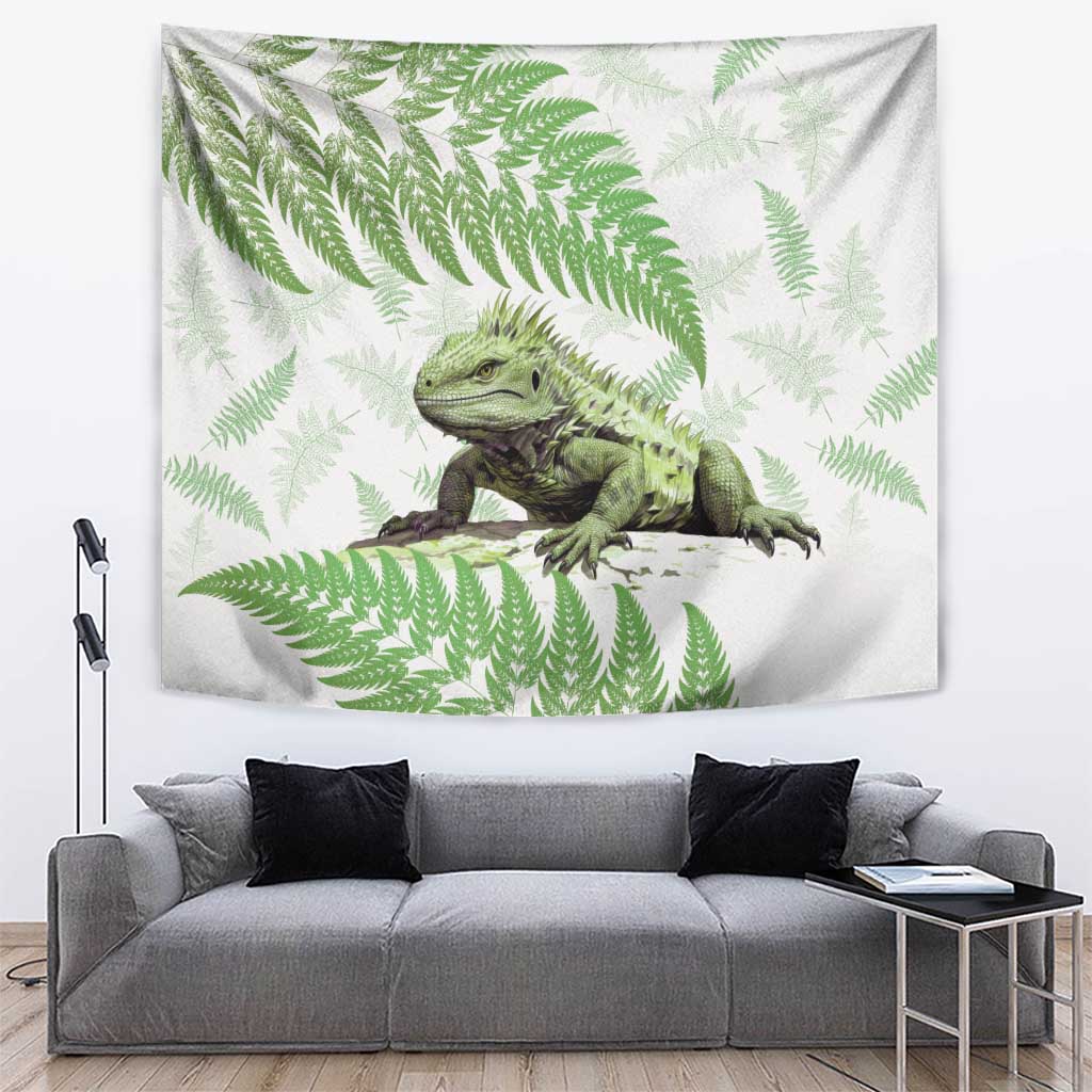 Green New Zealand Tuatara Tapestry Aotearoa Sphenodon Punctatus Silver Fern