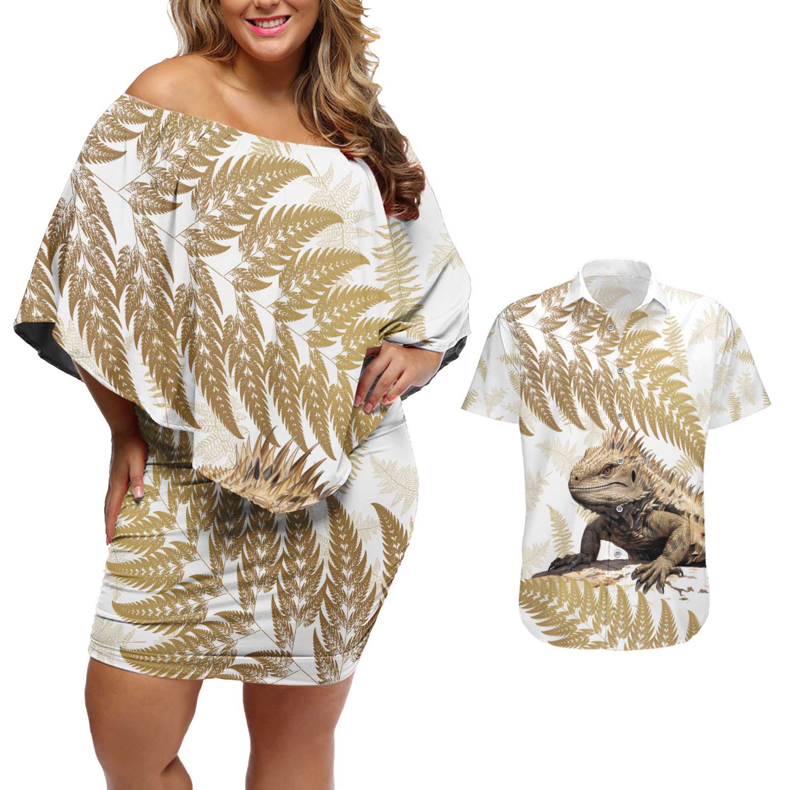 Gold New Zealand Tuatara Couples Matching Off Shoulder Short Dress and Hawaiian Shirt Aotearoa Sphenodon Punctatus Silver Fern