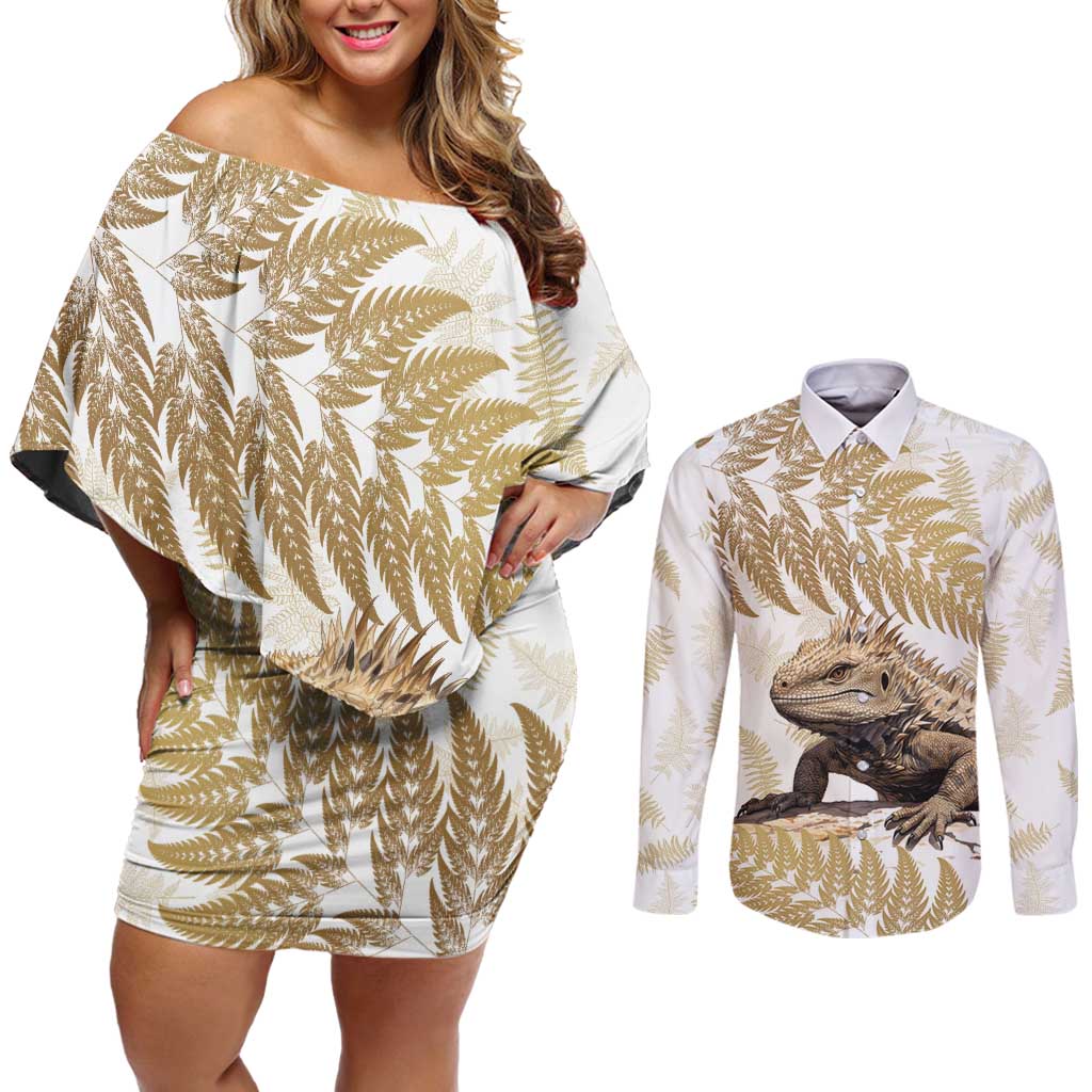 Gold New Zealand Tuatara Couples Matching Off Shoulder Short Dress and Long Sleeve Button Shirt Aotearoa Sphenodon Punctatus Silver Fern