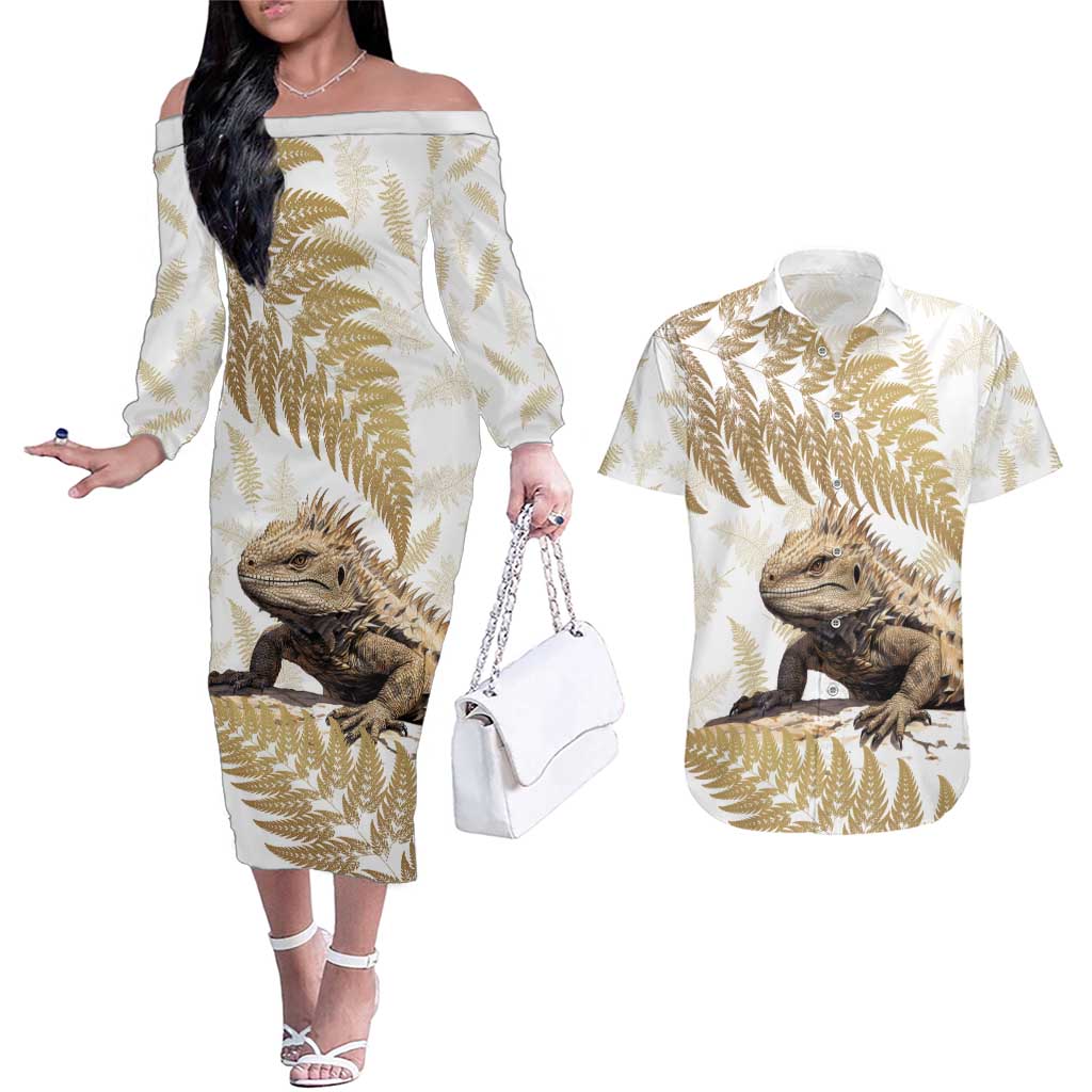 Gold New Zealand Tuatara Couples Matching Off The Shoulder Long Sleeve Dress and Hawaiian Shirt Aotearoa Sphenodon Punctatus Silver Fern