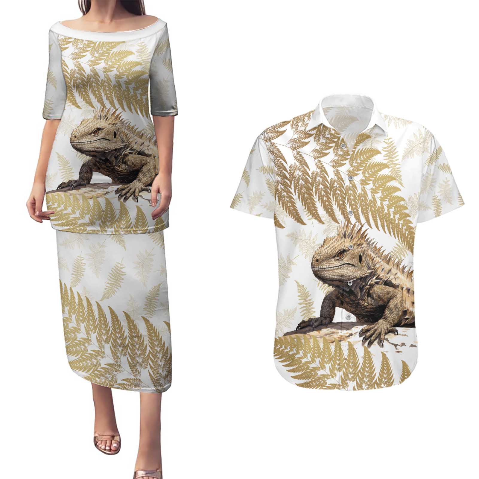 Gold New Zealand Tuatara Couples Matching Puletasi and Hawaiian Shirt Aotearoa Sphenodon Punctatus Silver Fern