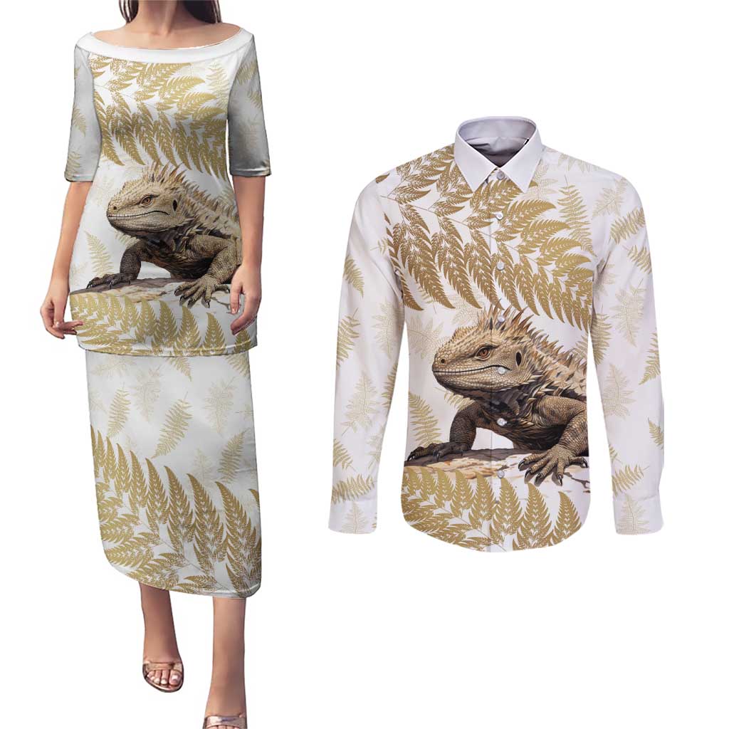 Gold New Zealand Tuatara Couples Matching Puletasi and Long Sleeve Button Shirt Aotearoa Sphenodon Punctatus Silver Fern