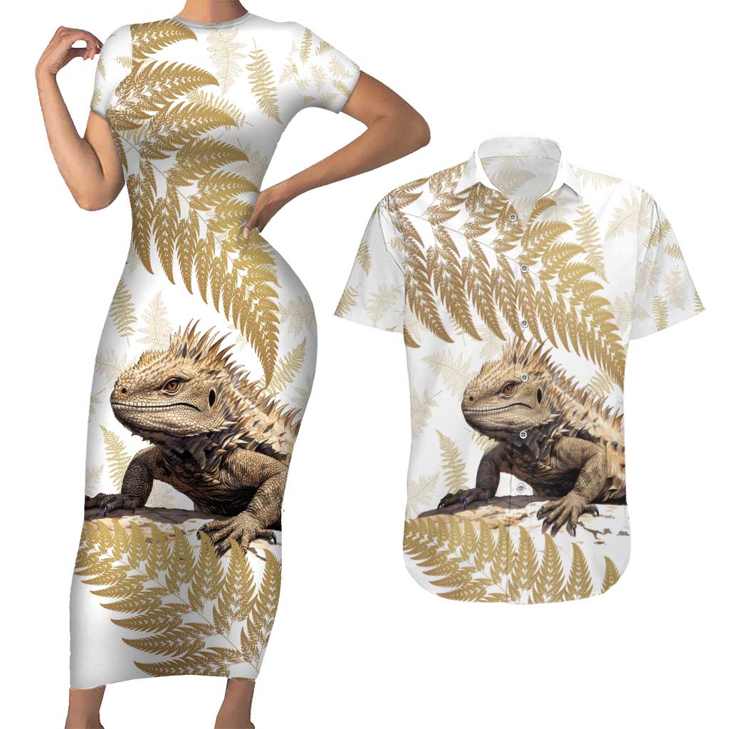 Gold New Zealand Tuatara Couples Matching Short Sleeve Bodycon Dress and Hawaiian Shirt Aotearoa Sphenodon Punctatus Silver Fern