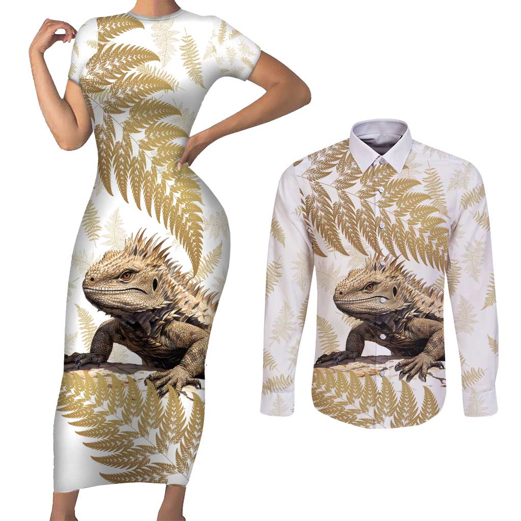 Gold New Zealand Tuatara Couples Matching Short Sleeve Bodycon Dress and Long Sleeve Button Shirt Aotearoa Sphenodon Punctatus Silver Fern