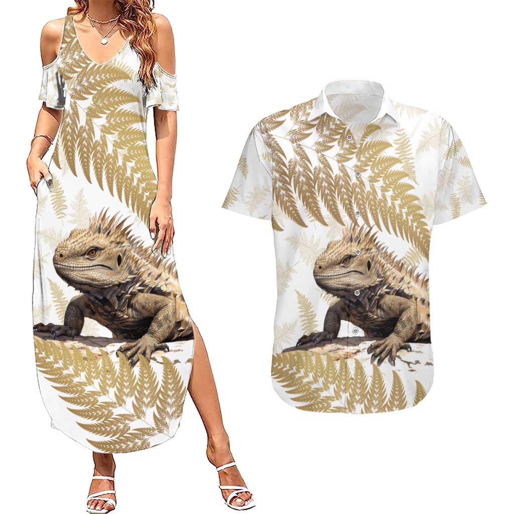 Gold New Zealand Tuatara Couples Matching Summer Maxi Dress and Hawaiian Shirt Aotearoa Sphenodon Punctatus Silver Fern