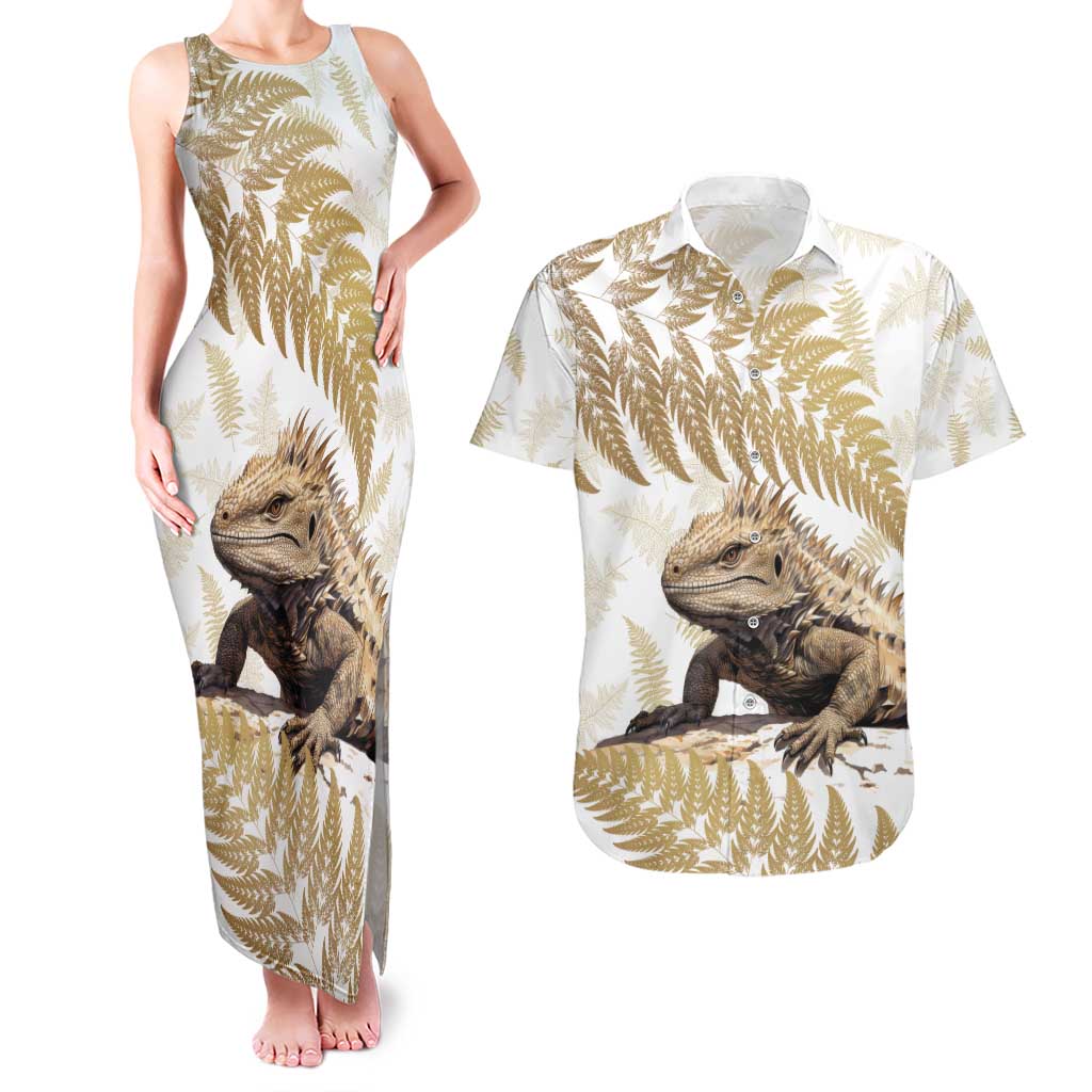 Gold New Zealand Tuatara Couples Matching Tank Maxi Dress and Hawaiian Shirt Aotearoa Sphenodon Punctatus Silver Fern