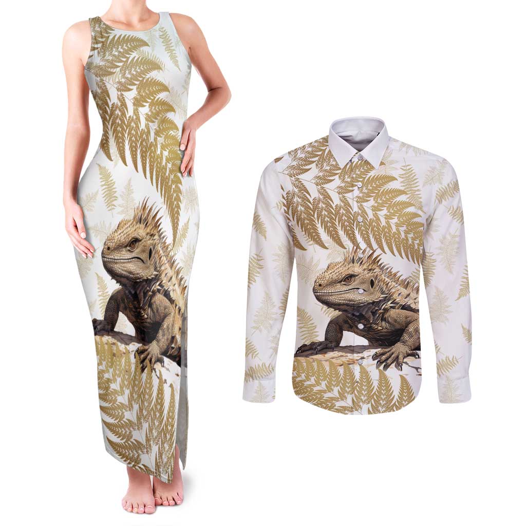 Gold New Zealand Tuatara Couples Matching Tank Maxi Dress and Long Sleeve Button Shirt Aotearoa Sphenodon Punctatus Silver Fern