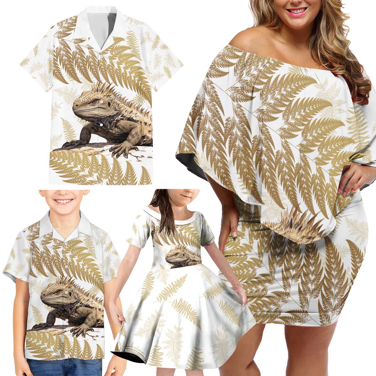 Gold New Zealand Tuatara Family Matching Off Shoulder Short Dress and Hawaiian Shirt Aotearoa Sphenodon Punctatus Silver Fern