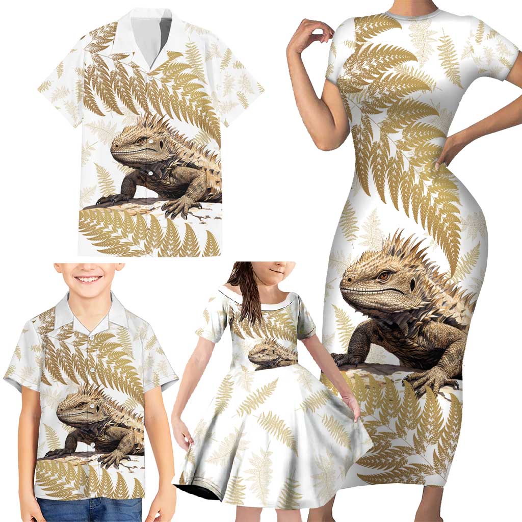 Gold New Zealand Tuatara Family Matching Short Sleeve Bodycon Dress and Hawaiian Shirt Aotearoa Sphenodon Punctatus Silver Fern