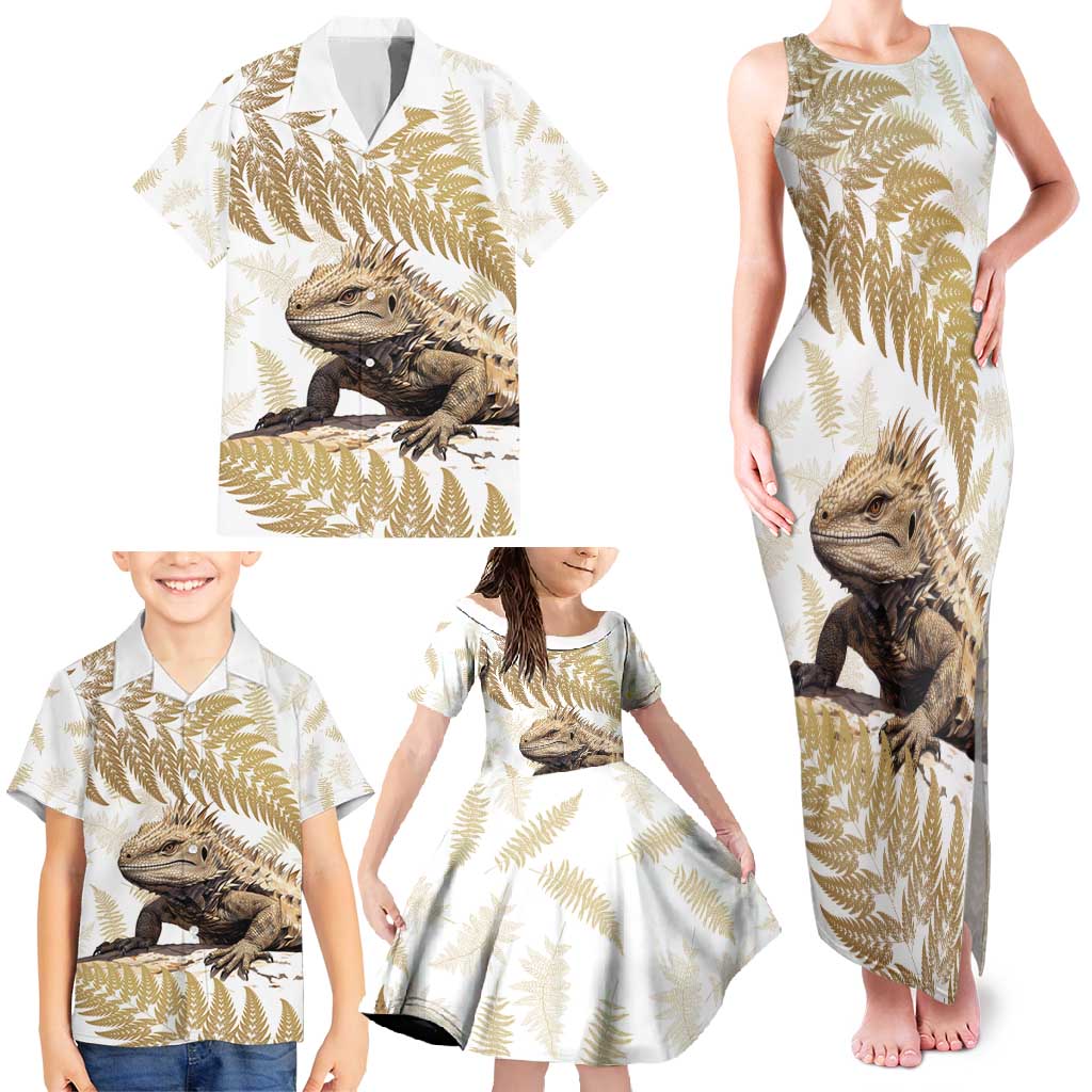 Gold New Zealand Tuatara Family Matching Tank Maxi Dress and Hawaiian Shirt Aotearoa Sphenodon Punctatus Silver Fern