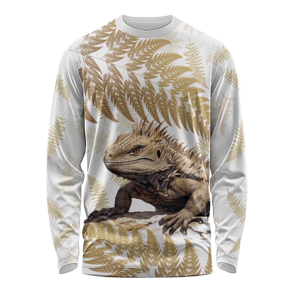 Gold New Zealand Tuatara Long Sleeve Shirt Aotearoa Sphenodon Punctatus Silver Fern