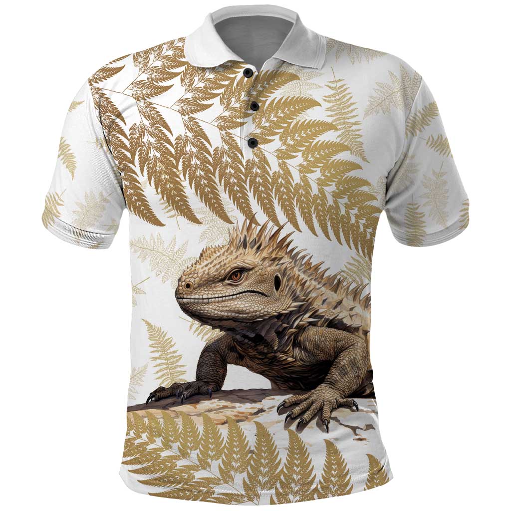 Gold New Zealand Tuatara Polo Shirt Aotearoa Sphenodon Punctatus Silver Fern