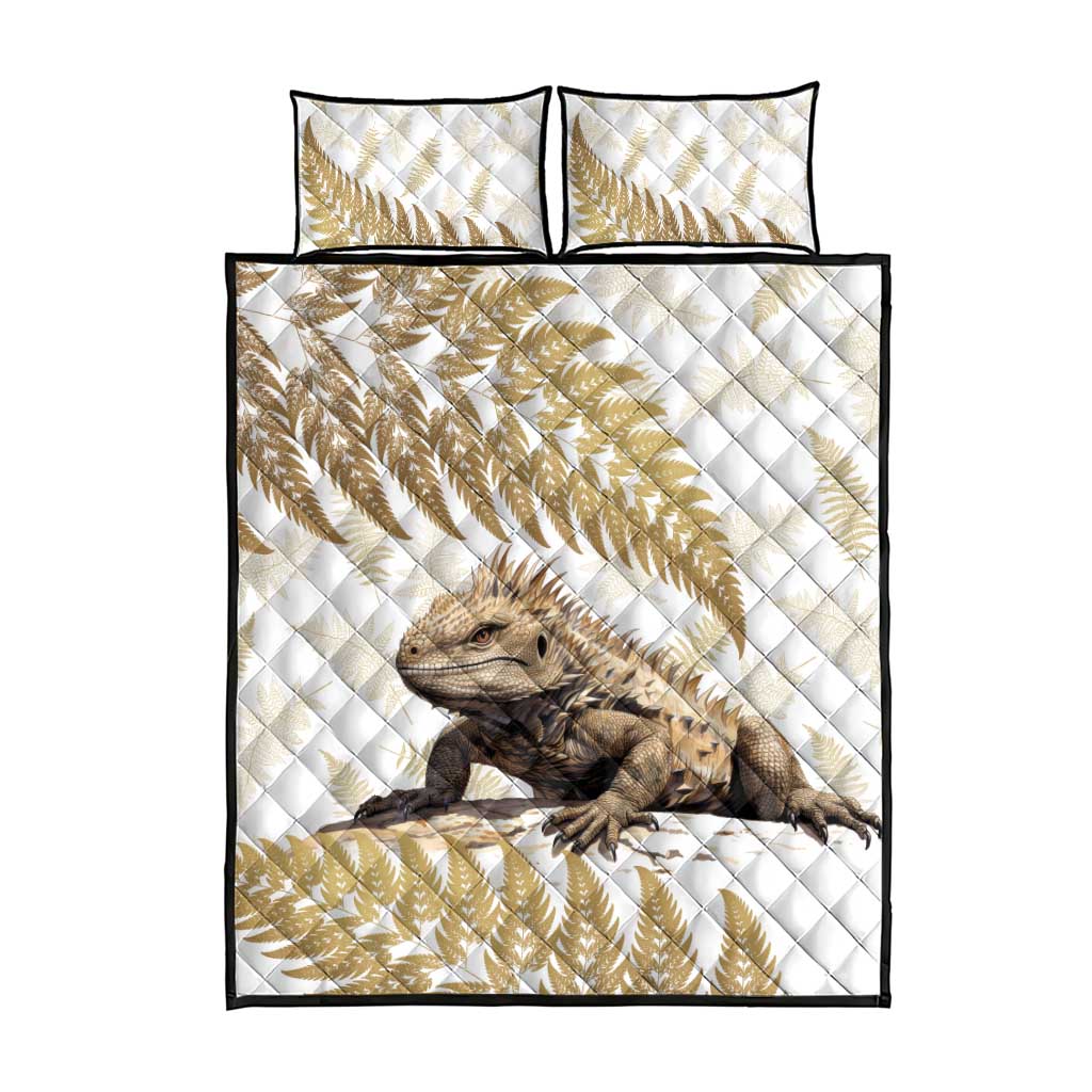 Gold New Zealand Tuatara Quilt Bed Set Aotearoa Sphenodon Punctatus Silver Fern LT14 - Polynesian Pride