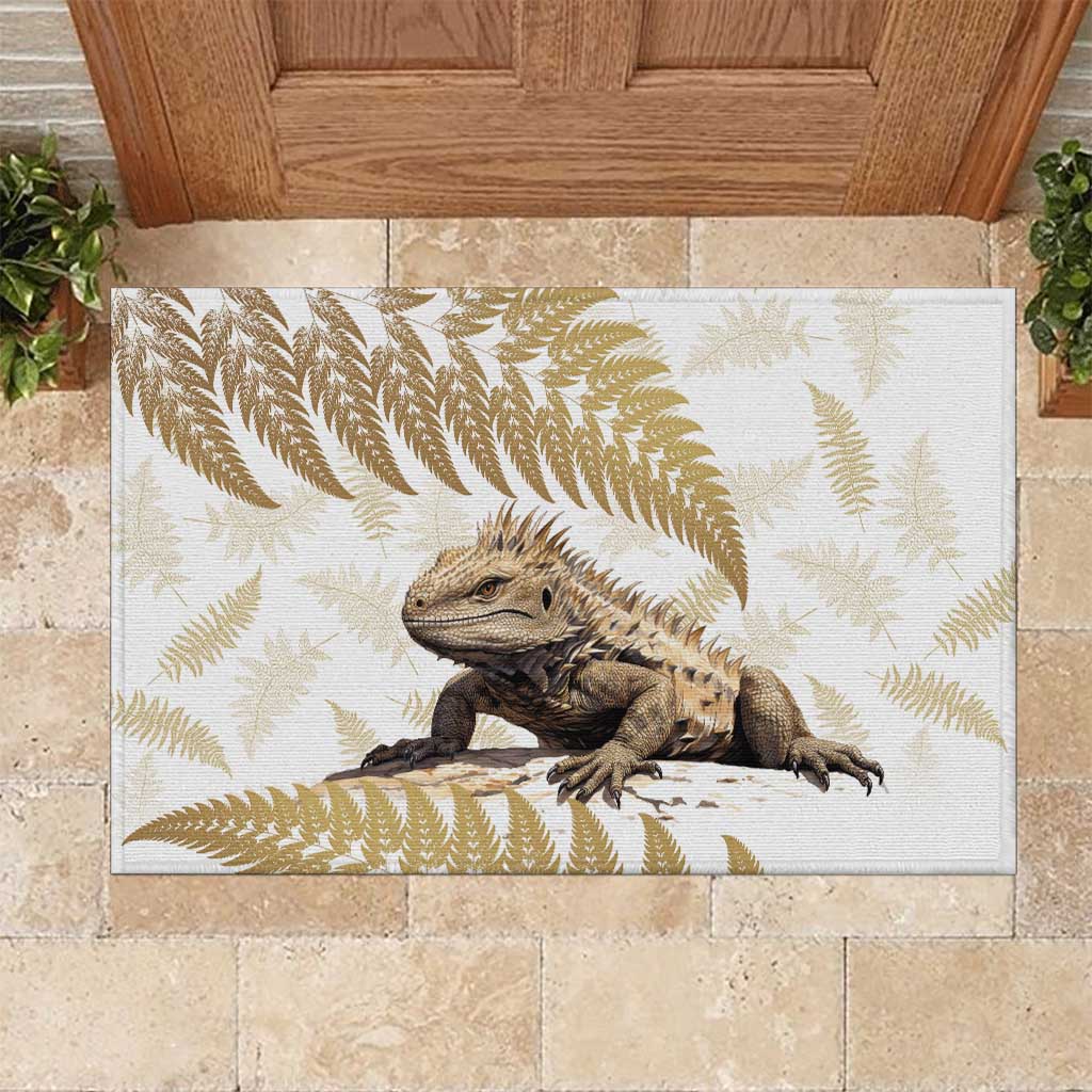 Gold New Zealand Tuatara Rubber Doormat Aotearoa Sphenodon Punctatus Silver Fern