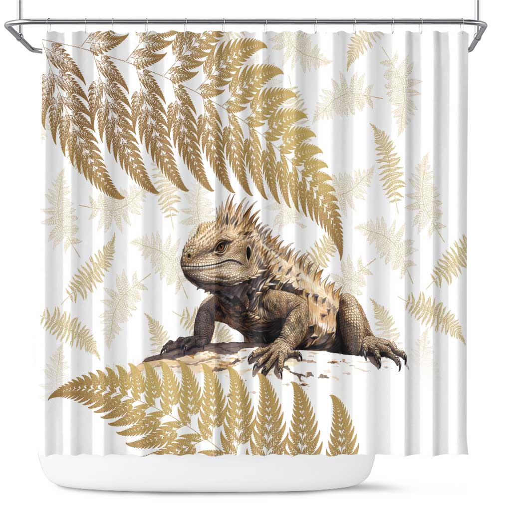 Gold New Zealand Tuatara Shower Curtain Aotearoa Sphenodon Punctatus Silver Fern