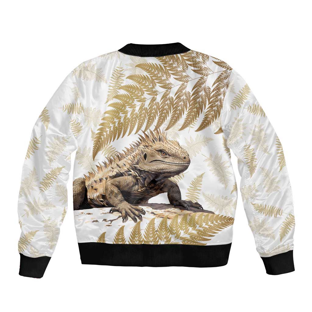 Gold New Zealand Tuatara Sleeve Zip Bomber Jacket Aotearoa Sphenodon Punctatus Silver Fern LT14 - Polynesian Pride
