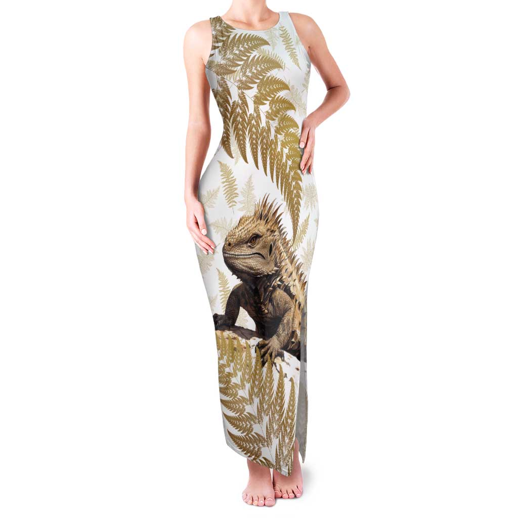 Gold New Zealand Tuatara Tank Maxi Dress Aotearoa Sphenodon Punctatus Silver Fern