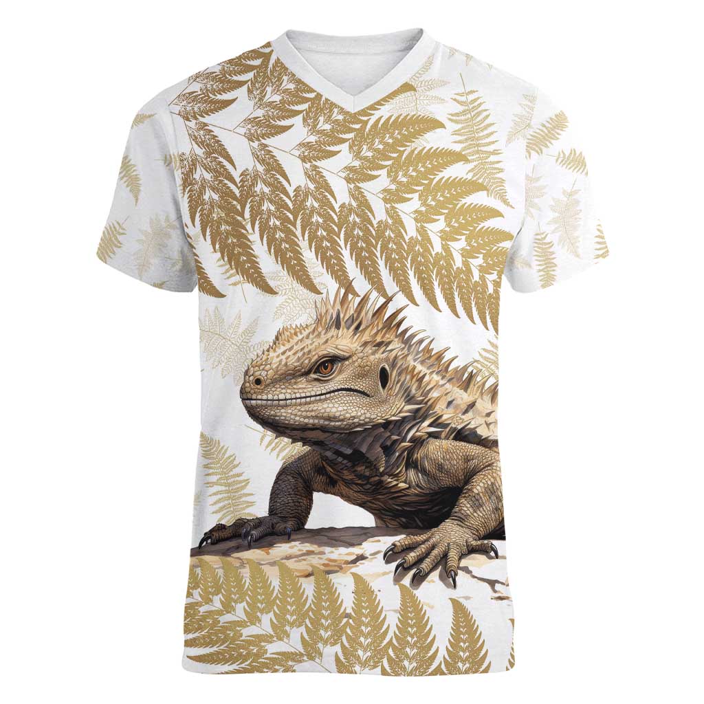 Gold New Zealand Tuatara Women V-Neck T-Shirt Aotearoa Sphenodon Punctatus Silver Fern