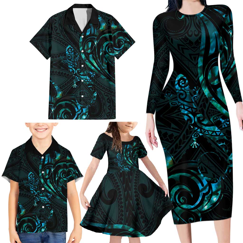 New Zealand Skink Family Matching Long Sleeve Bodycon Dress and Hawaiian Shirt Aotearoa Maori Mix Paua Shell