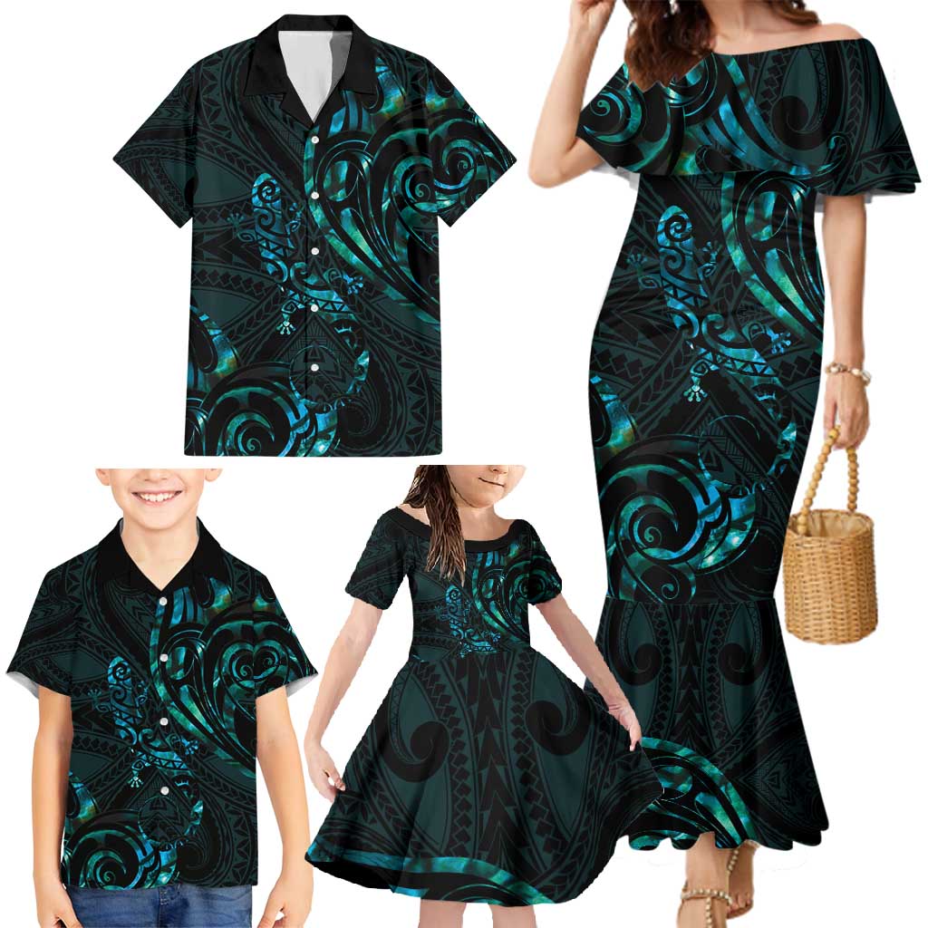 New Zealand Skink Family Matching Mermaid Dress and Hawaiian Shirt Aotearoa Maori Mix Paua Shell