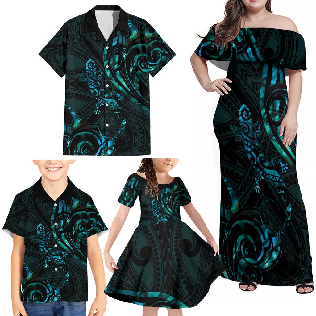 New Zealand Skink Family Matching Off Shoulder Maxi Dress and Hawaiian Shirt Aotearoa Maori Mix Paua Shell