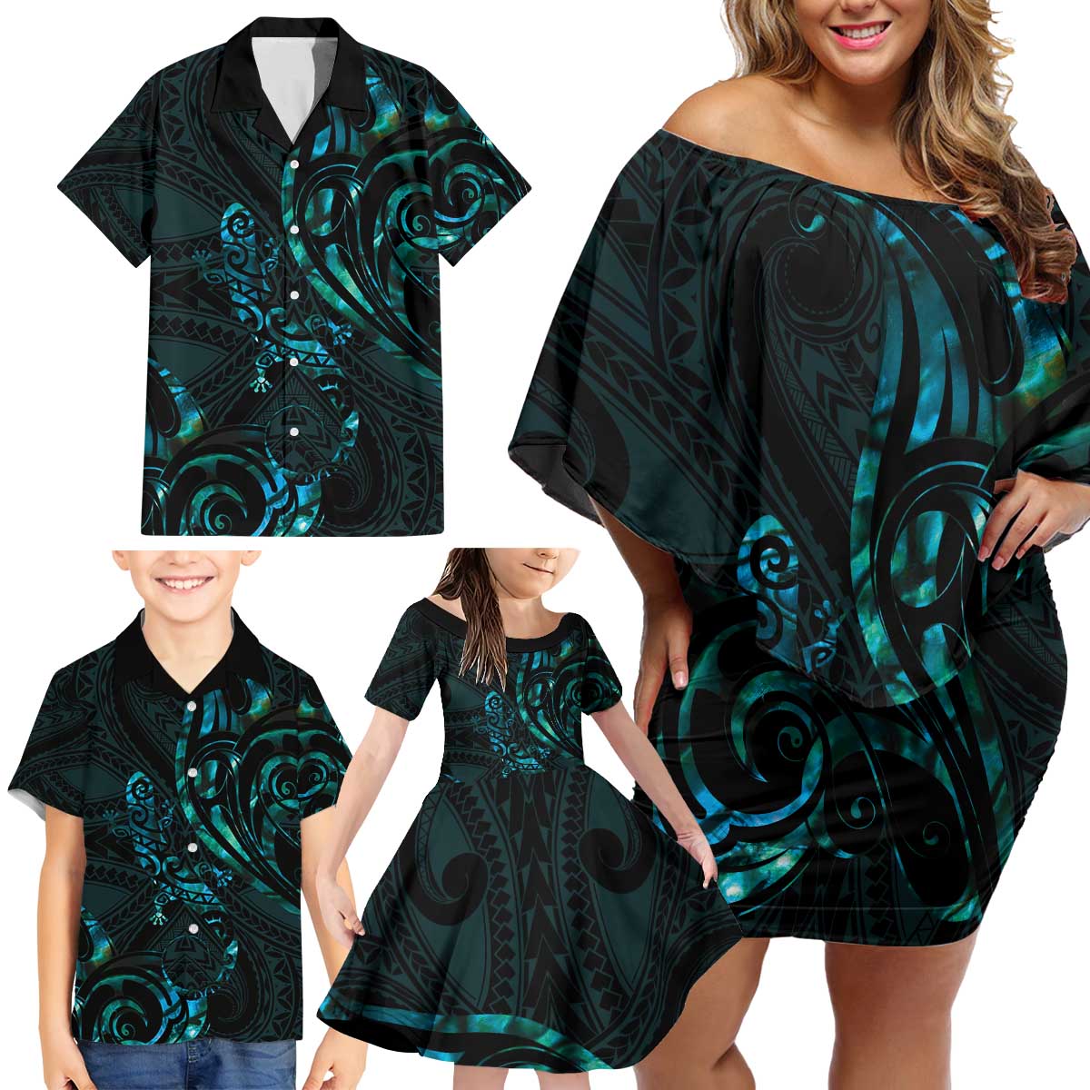 New Zealand Skink Family Matching Off Shoulder Short Dress and Hawaiian Shirt Aotearoa Maori Mix Paua Shell