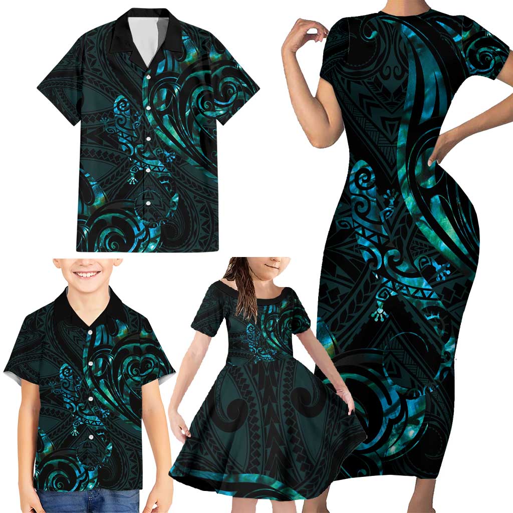 New Zealand Skink Family Matching Short Sleeve Bodycon Dress and Hawaiian Shirt Aotearoa Maori Mix Paua Shell