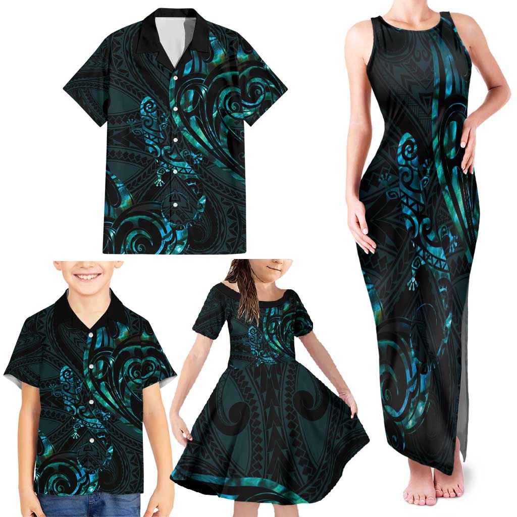 New Zealand Skink Family Matching Tank Maxi Dress and Hawaiian Shirt Aotearoa Maori Mix Paua Shell