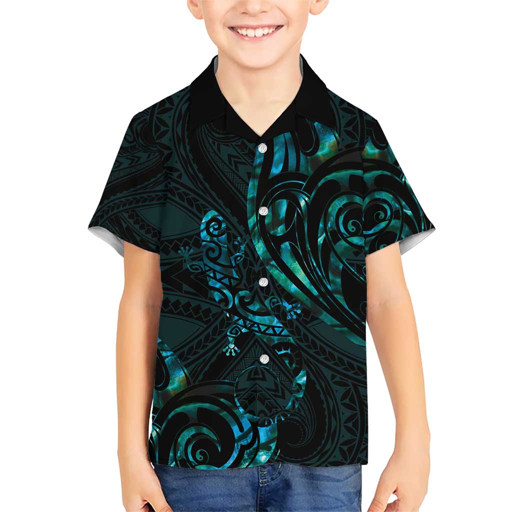 New Zealand Skink Kid Hawaiian Shirt Aotearoa Maori Mix Paua Shell