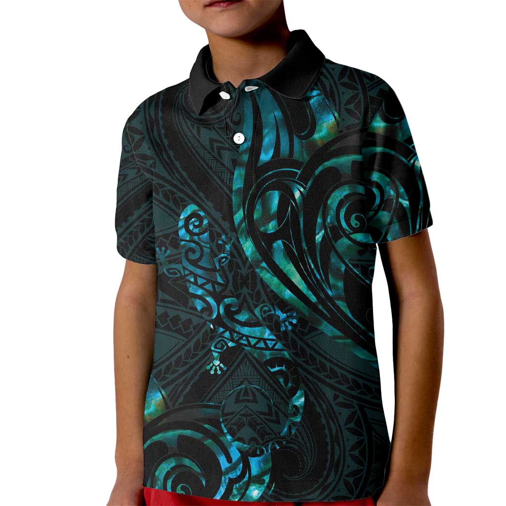 New Zealand Skink Kid Polo Shirt Aotearoa Maori Mix Paua Shell