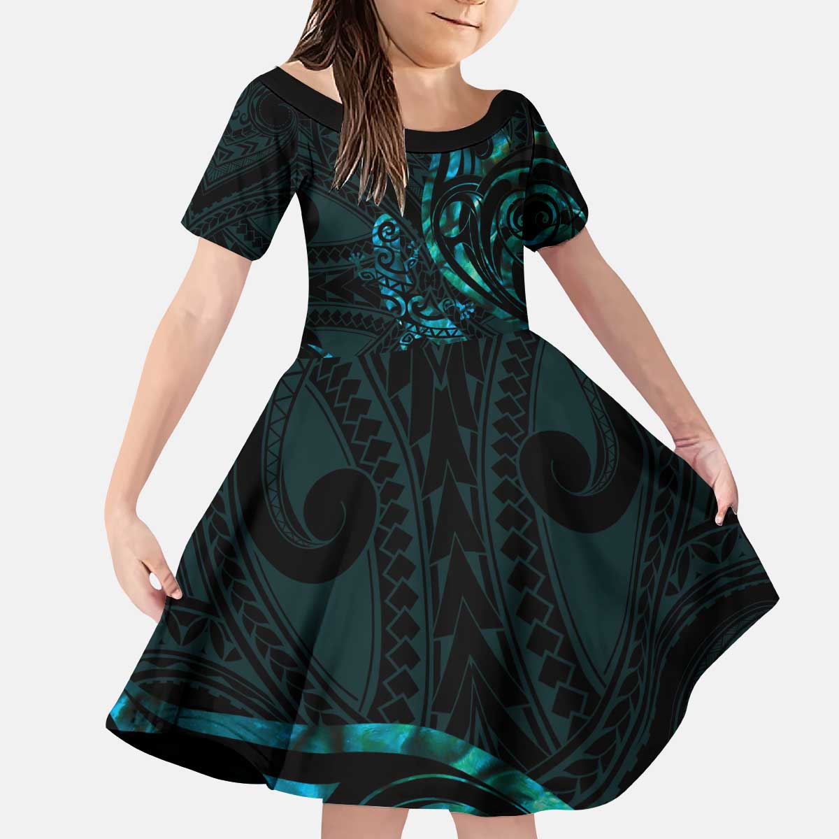 New Zealand Skink Kid Short Sleeve Dress Aotearoa Maori Mix Paua Shell