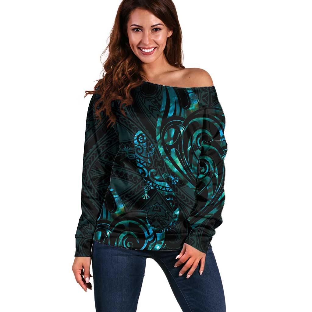 New Zealand Skink Off Shoulder Sweater Aotearoa Maori Mix Paua Shell LT14 Women Blue - Polynesian Pride