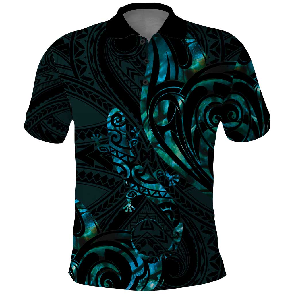 New Zealand Skink Polo Shirt Aotearoa Maori Mix Paua Shell LT14 Blue - Polynesian Pride