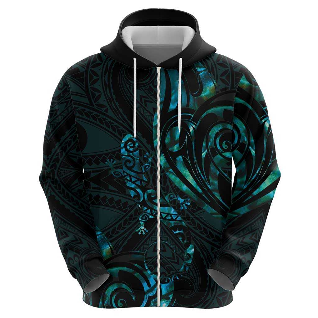 New Zealand Skink Zip Hoodie Aotearoa Maori Mix Paua Shell LT14 - Polynesian Pride