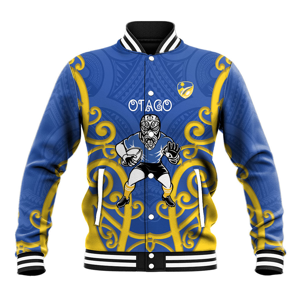 Otago Custom Rugby New Zealand Baseball Jacket Aotearoa Maori Pukana Tiki Mascot LT14 Unisex Blue - Polynesian Pride