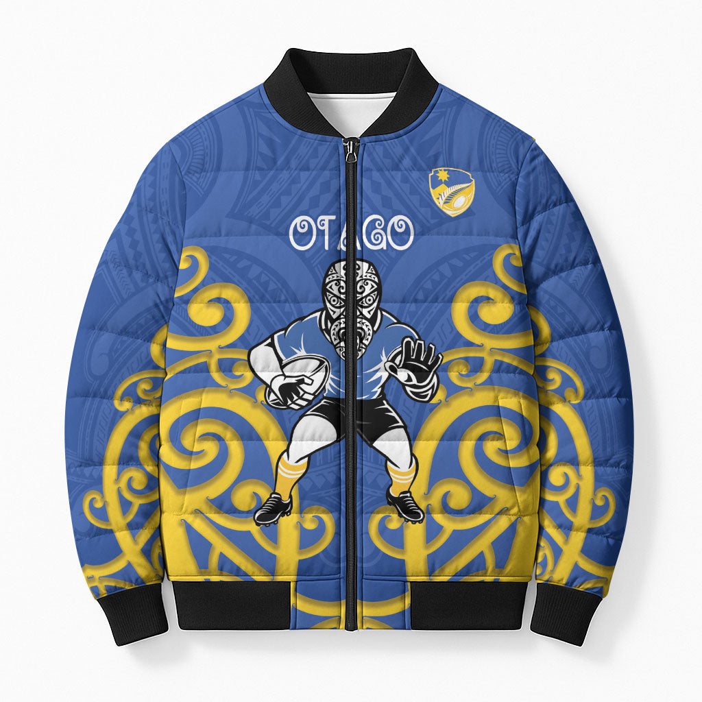 Otago Custom Rugby New Zealand Bomber Puffer Jacket Aotearoa Maori Pukana Tiki Mascot LT14 Unisex Blue - Polynesian Pride