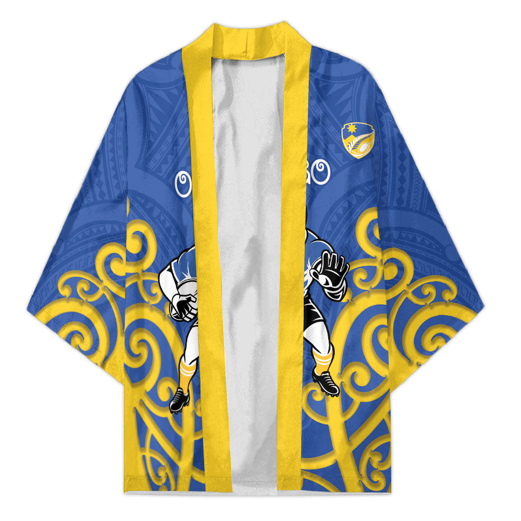 Otago Custom Rugby New Zealand Kimono Aotearoa Maori Pukana Tiki Mascot LT14 Unisex Blue - Polynesian Pride