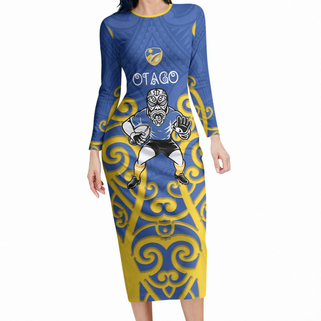 Otago Custom Rugby New Zealand Long Sleeve Bodycon Dress Aotearoa Maori Pukana Tiki Mascot LT14 Long Dress Blue - Polynesian Pride