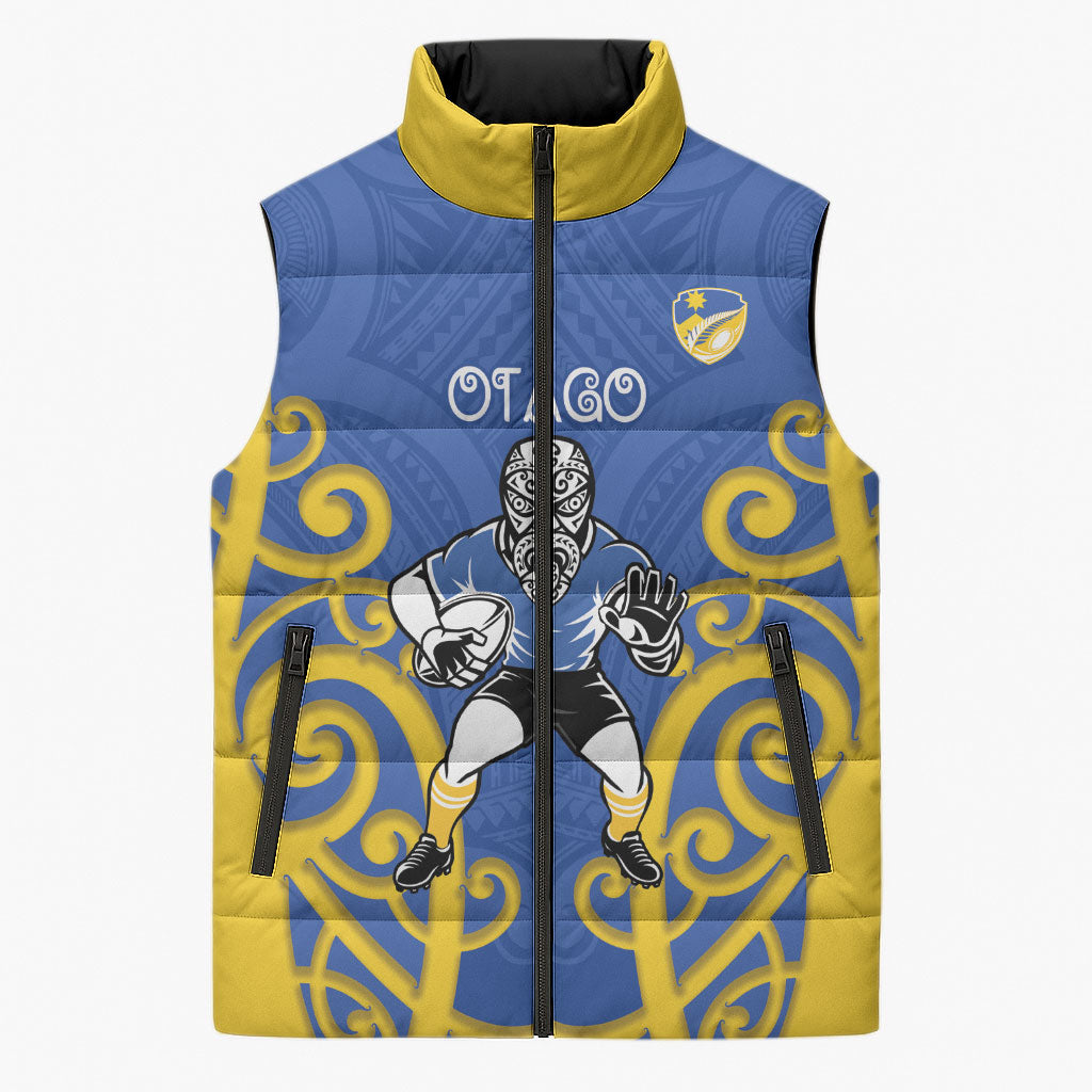 Otago Custom Rugby New Zealand Sleeveless Puffer Jacket Aotearoa Maori Pukana Tiki Mascot LT14 Unisex Blue - Polynesian Pride