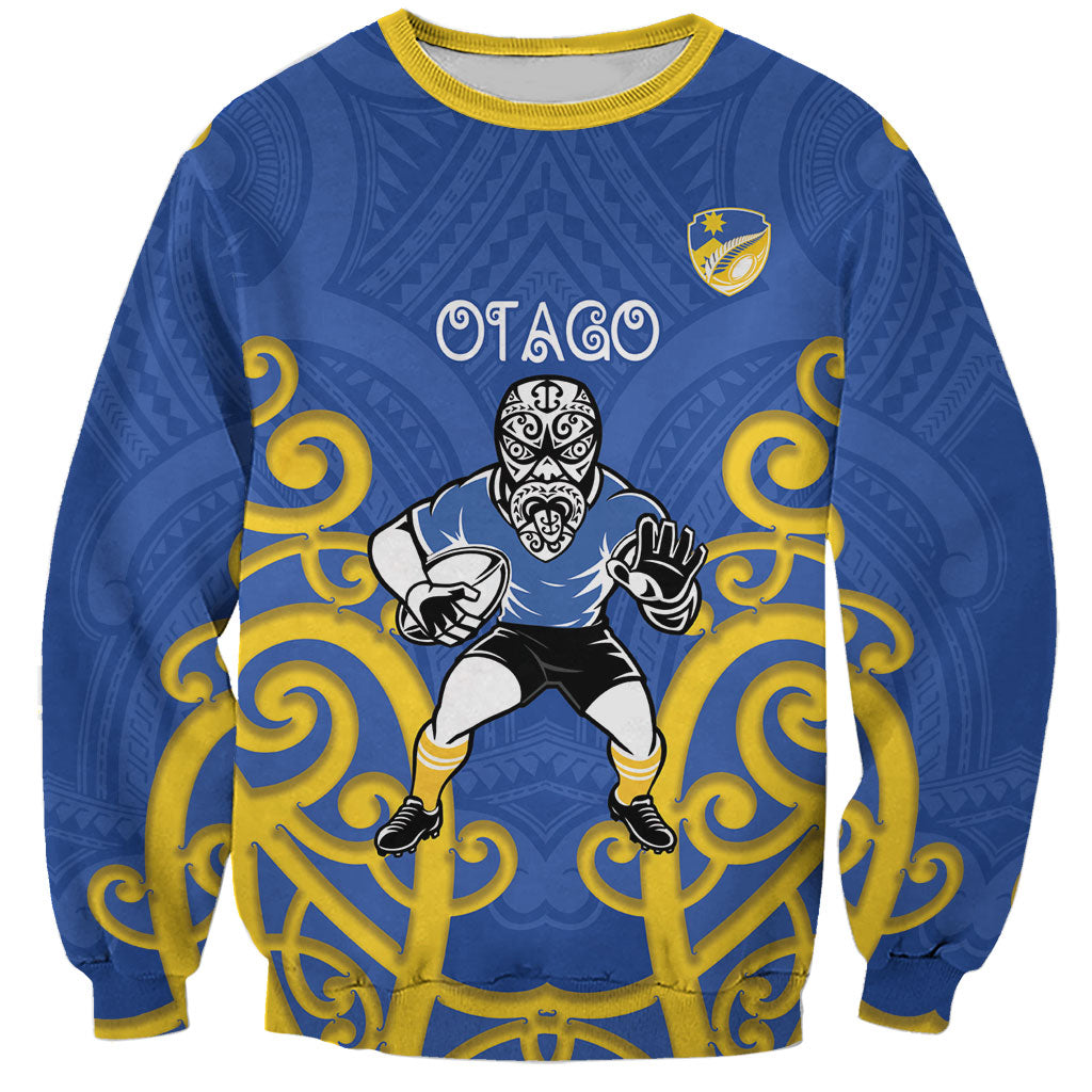 Otago Custom Rugby New Zealand Sweatshirt Aotearoa Maori Pukana Tiki Mascot LT14 Unisex Blue - Polynesian Pride