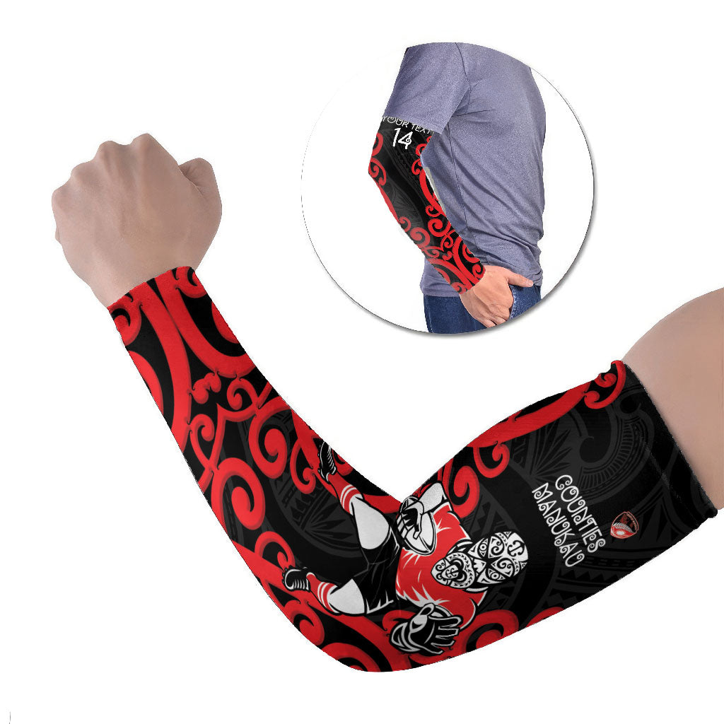 Counties Manukau Custom Rugby New Zealand Arm Sleeves Aotearoa Maori Pukana Tiki Mascot LT14 Set of 2 Red - Polynesian Pride