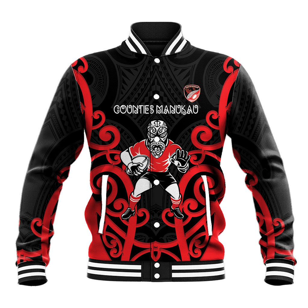 Counties Manukau Custom Rugby New Zealand Baseball Jacket Aotearoa Maori Pukana Tiki Mascot LT14 Unisex Red - Polynesian Pride