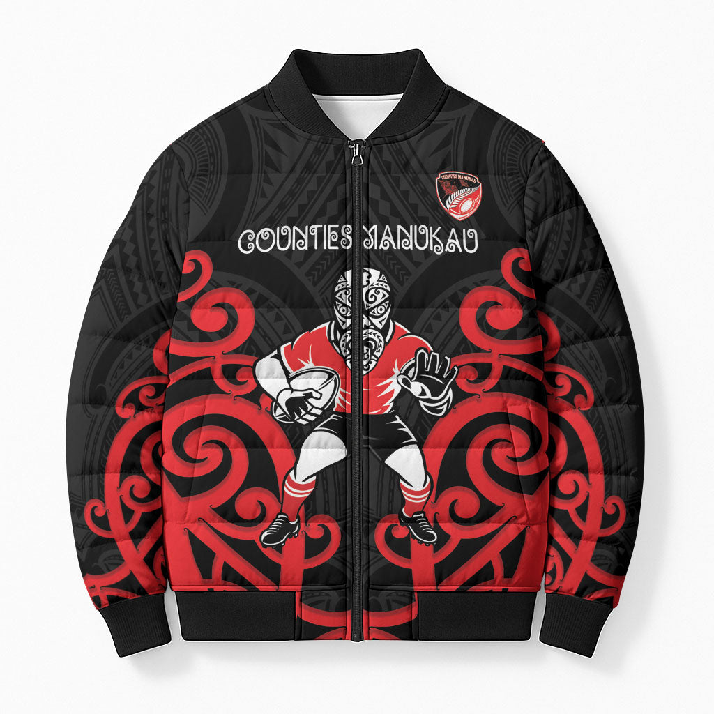 Counties Manukau Custom Rugby New Zealand Bomber Puffer Jacket Aotearoa Maori Pukana Tiki Mascot LT14 Unisex Red - Polynesian Pride